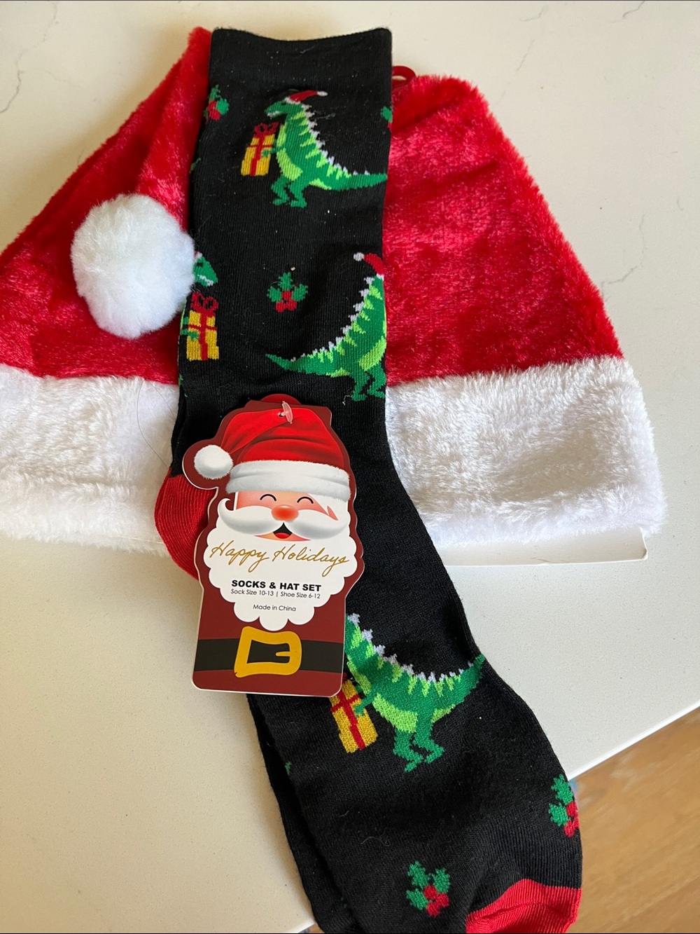 Holiday Dinosaur Sock & Santa Hat Set - Black, Green & Red